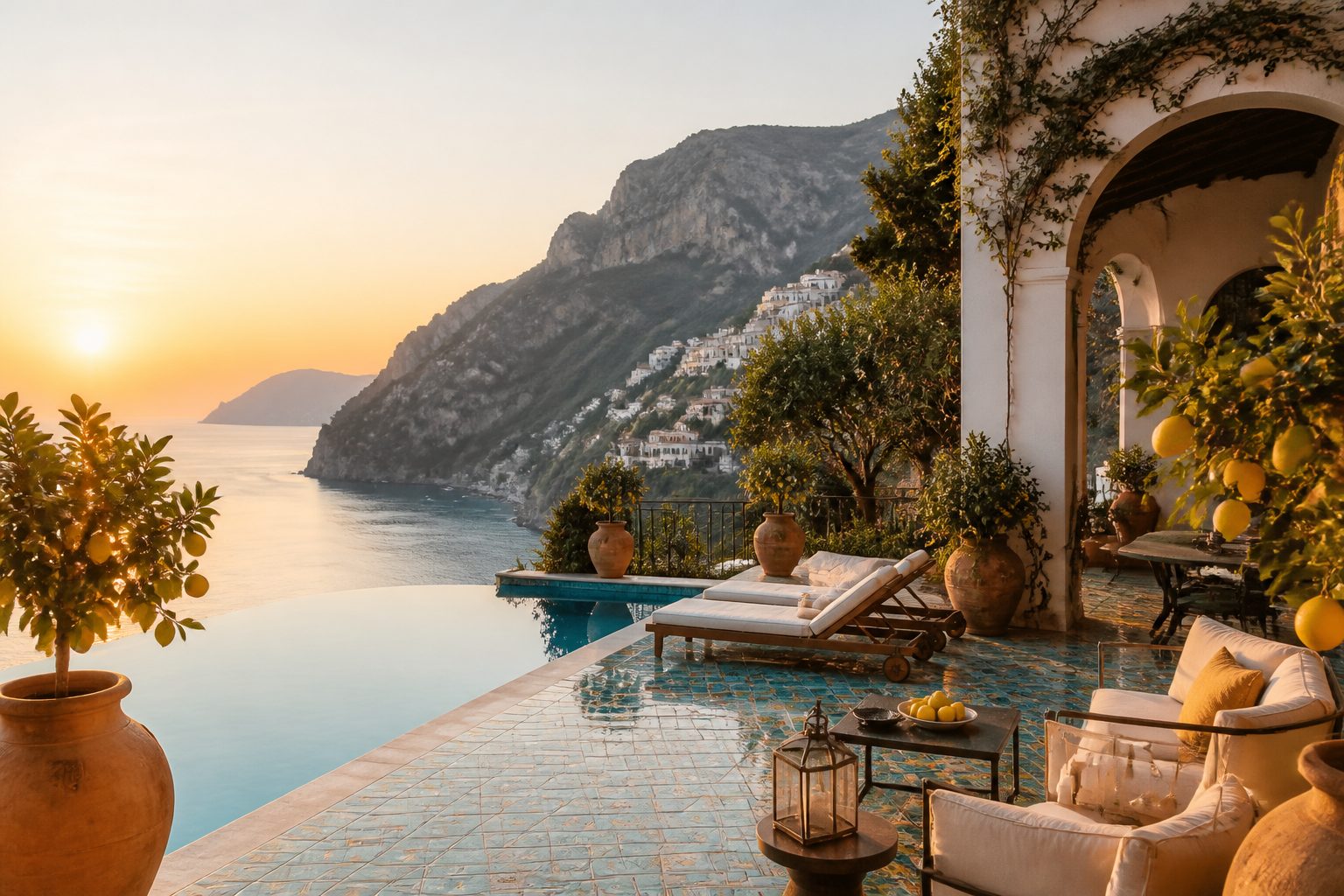 Cliffside Amalfi Coast villa with sea-view terrace, one of many stays ranging from luxury hotels to family pensioni