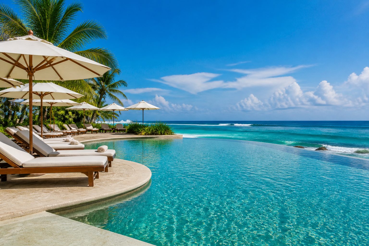 Luxury beachfront hotel pool overlooking the Caribbean Sea in Cancun, Riviera Maya, Mexico