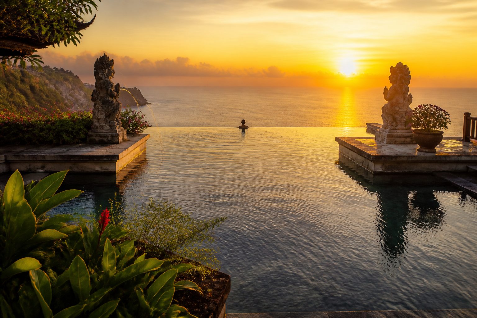 Luxury infinity pool overlooking the Balinese jungle at one of the island's top-rated hotels and resorts