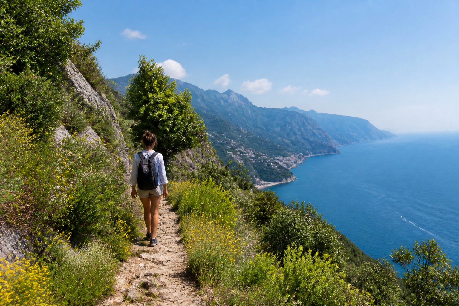 The peaceful clifftop village of Praiano on the Amalfi Coast, with stepped streets and a small fishing harbour