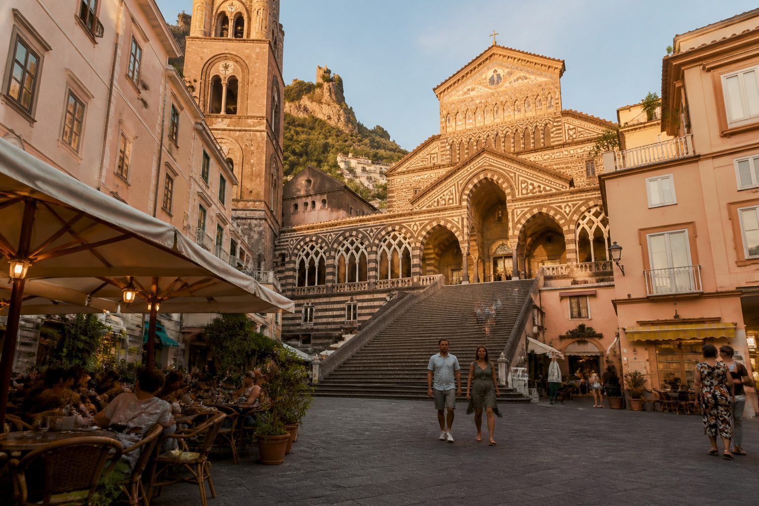 Amalfi Cathedral and Piazza del Duomo in the historic maritime town of Amalfi on Italy's Campania coast