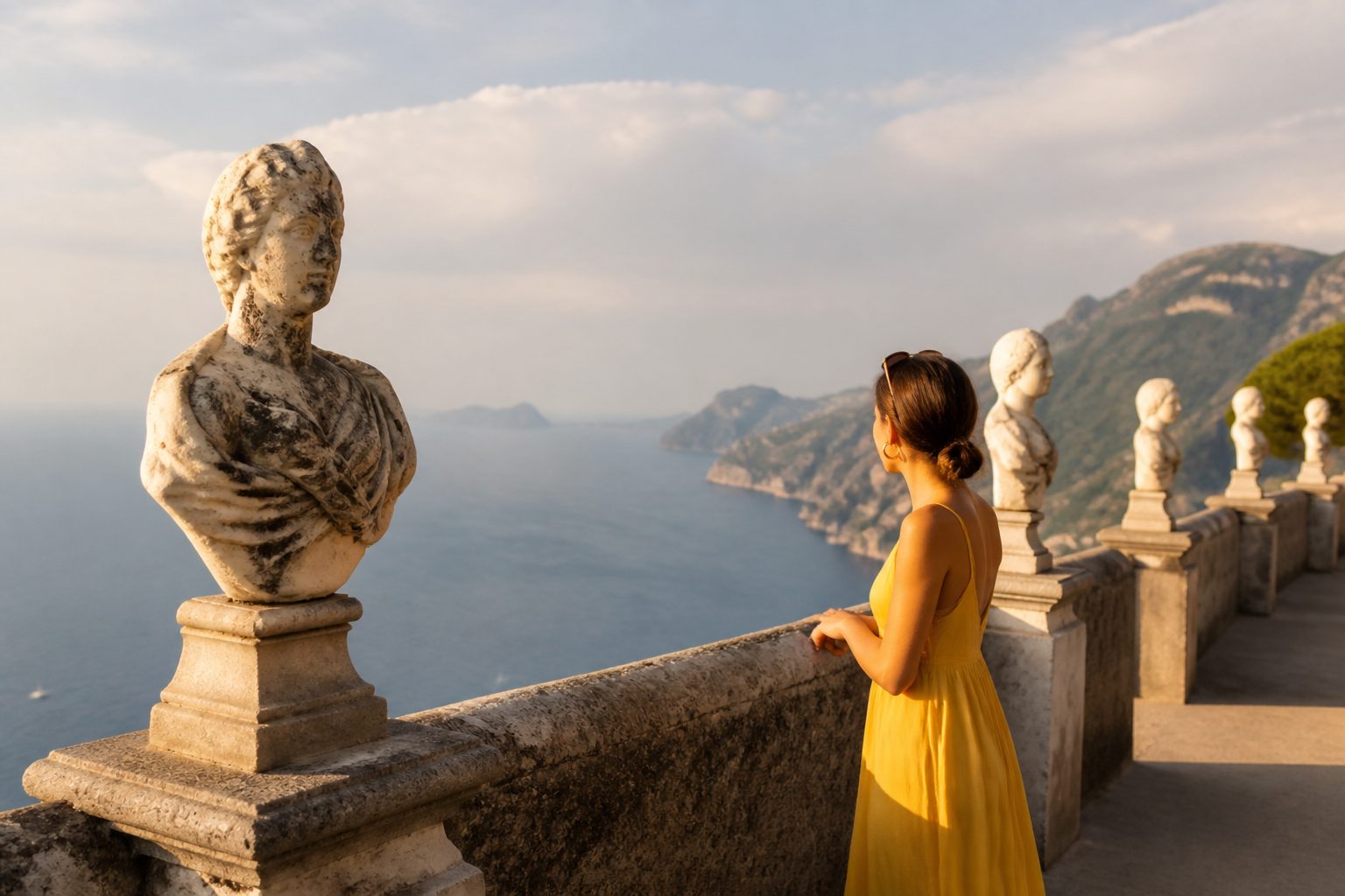 Hilltop gardens of Villa Rufolo in Ravello with sweeping sea views across the Amalfi Coast
