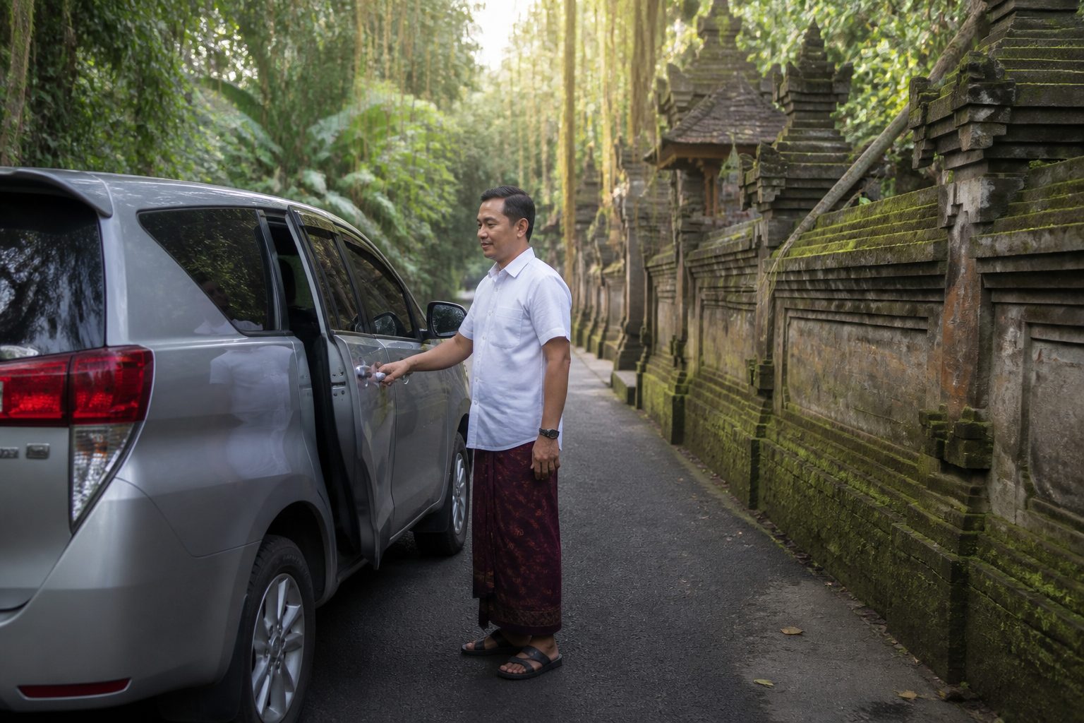 Traveler riding a scooter along a scenic Bali road, with options for private drivers and car rental also shown