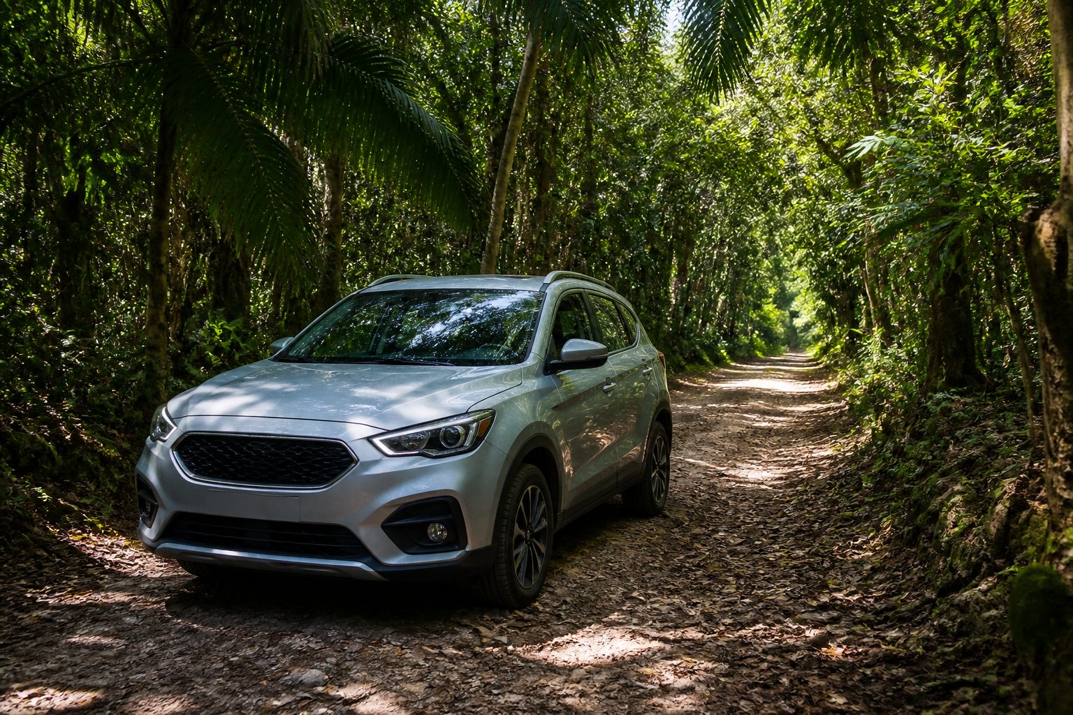 Rental car on the Cancun to Tulum highway through the Yucatán jungle, Mexico