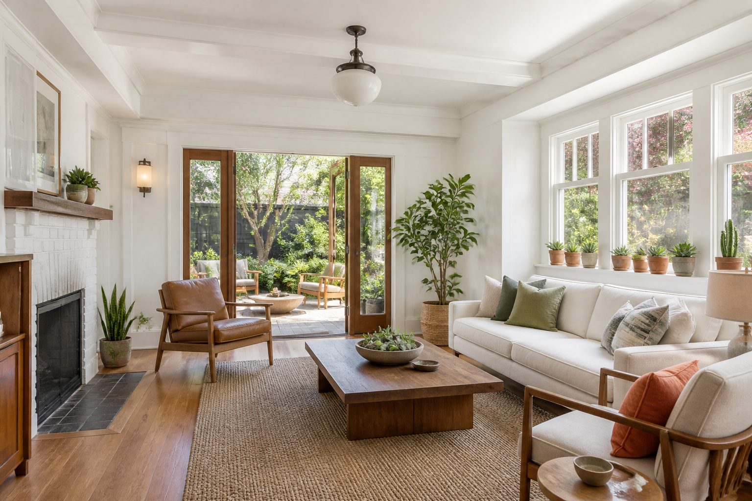 Bright, airy Los Angeles vacation rental living room with city views, ideal for a long-stay trip to LA