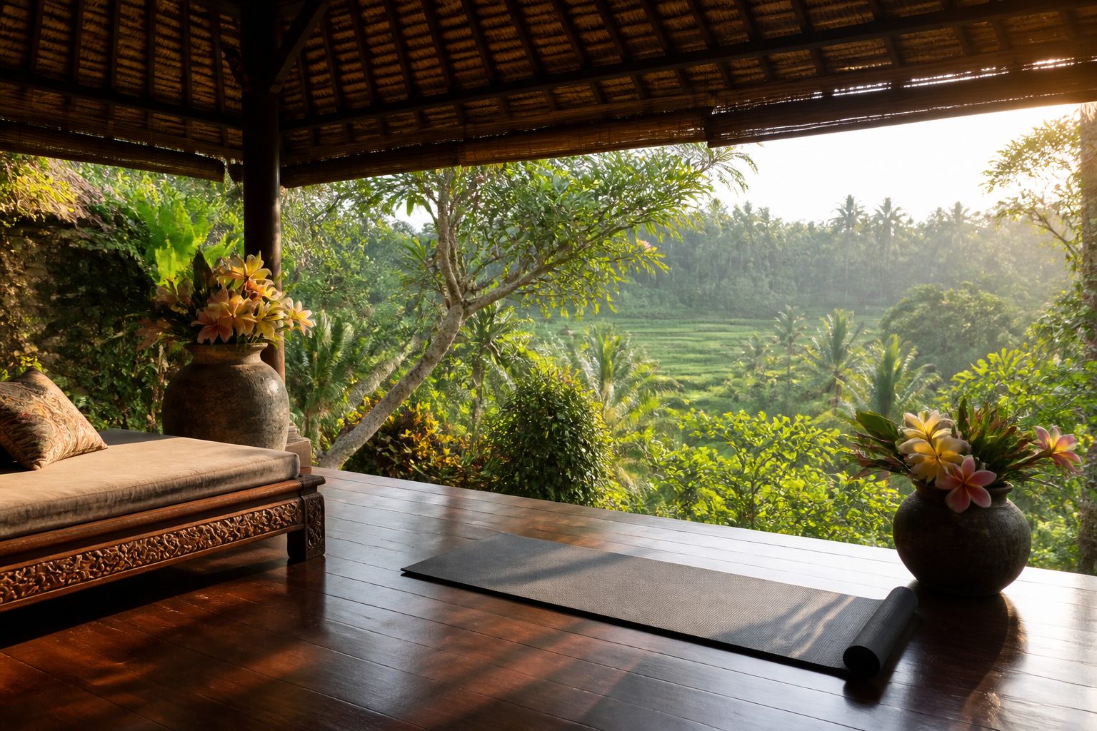 Collage of Bali accommodation styles: a Canggu surf stay, an Ubud spiritual retreat, and a luxury beachfront villa